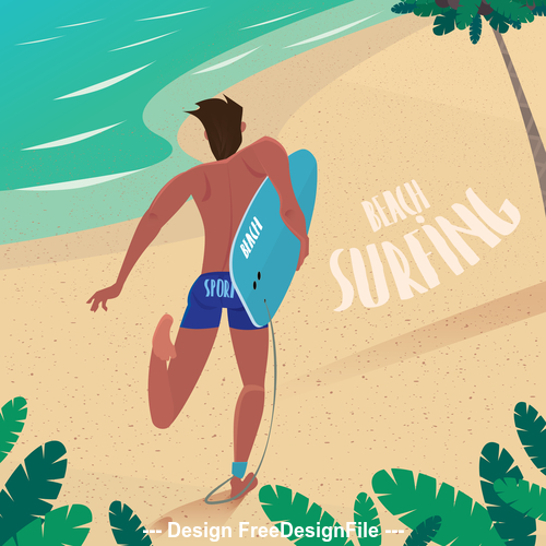 Man running on the beach with surfboard vector