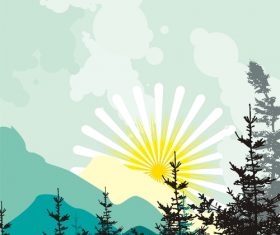 Mountains plants sun silhouette background vector