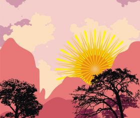 Rising sun and trees silhouette background vector