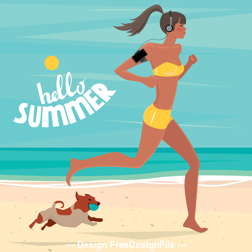 Sport woman running on the beach with a dog vector