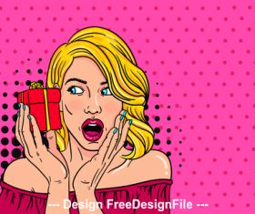 Surprised woman receiving gift cartoon illustration vector
