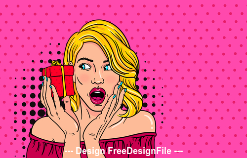 Surprised woman receiving gift cartoon illustration vector