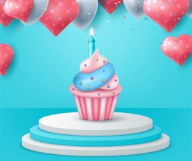 Blue Pink White Cupcake with Heart Balloon Vector