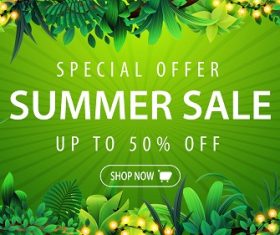Green Discount Banner With Tropical Design Vector