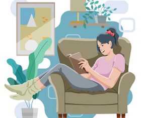 Lady Reading While Sitting At Home Vector