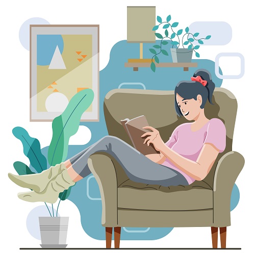 Lady Reading While Sitting At Home Vector