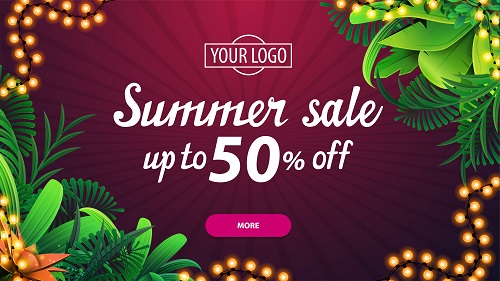 Pink Discount Banner with Tropical Leaves Vector