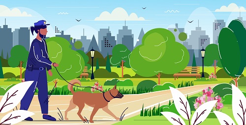 Police Officer Walking his Dog Background Vector