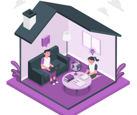 Purple House with Girl and Boy Vector