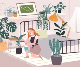 Woman Water Her Plants Vector