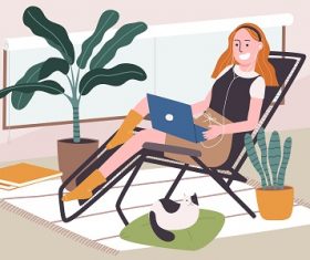 Young Woman Using Her Laptop Vector