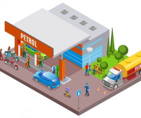 Cartoon gas station isometric concept vector