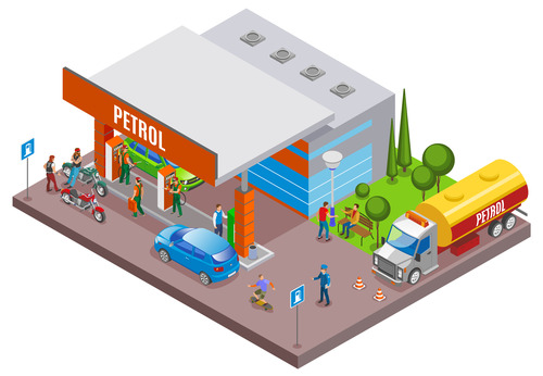 Cartoon gas station isometric concept vector