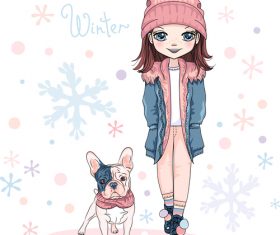 Cartoon girl and bulldog vector