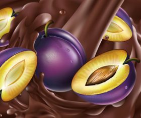Chopped fruit in chocolate splash realistic illustrations vector
