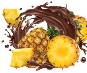 Cut pineapple and splashing chocolate vector