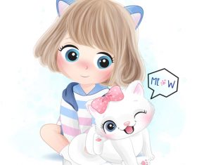 Cute little girl and cat vector