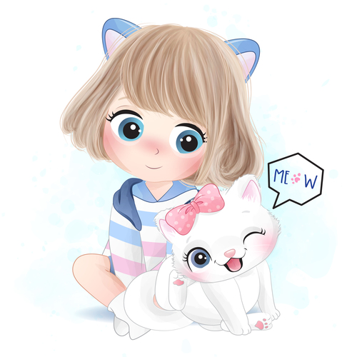Cute little girl and cat vector