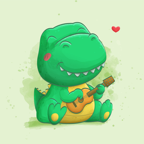 Dinosaur playing guitar watercolor illustrations vector 