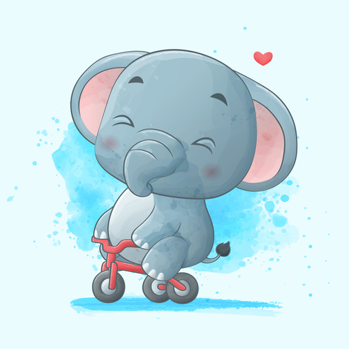 Elephant riding a bike watercolor illustrations vector