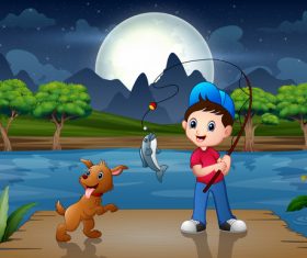 Fishing kids cartoon background vector