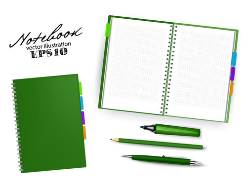 Green cover notebook and pen vector