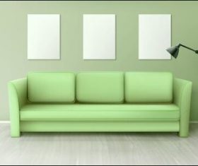 Green sofa and three whiteboards on the wall vector