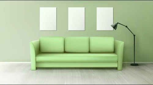 Green sofa and three whiteboards on the wall vector