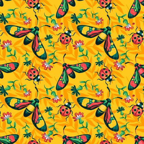 Insects and flowers pattern vector