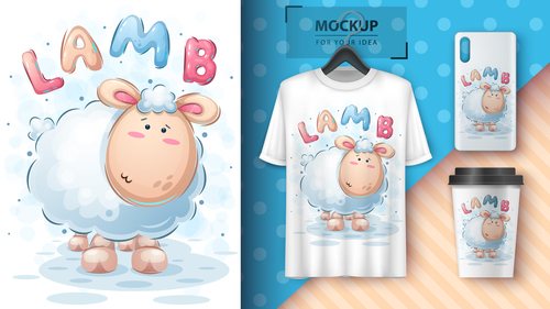 Lamb and merchandising mockup print t-shirt vector