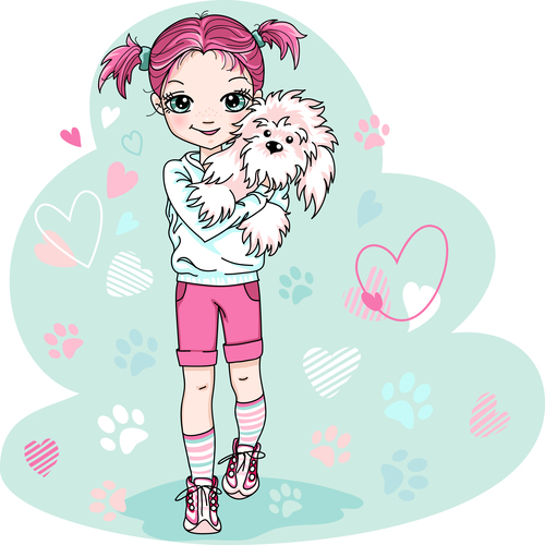 Little girl holding pet dog vector