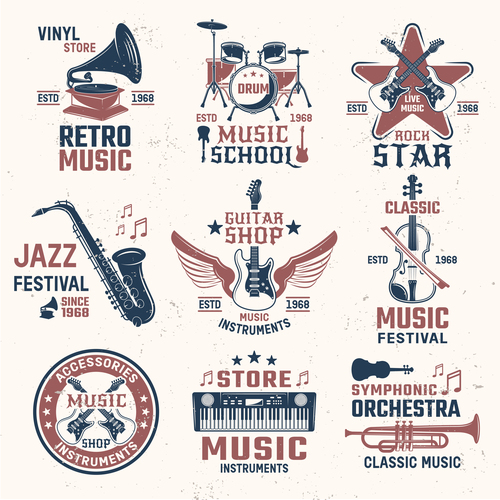 Musical instruments emblems logos vector