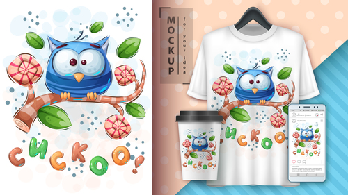Owl merchandising mockup print t-shirt vector