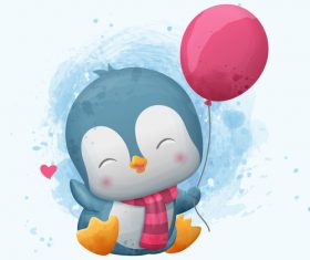 Penguin and balloon watercolor illustrations vector