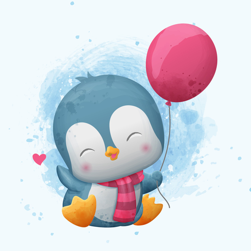 Penguin and balloon watercolor illustrations vector