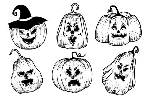Pumpkins with different expressions hand-painted vector