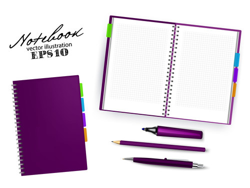 Purple notebook and pen vector