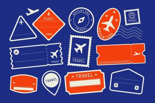 Red and blue travel stickers set vector