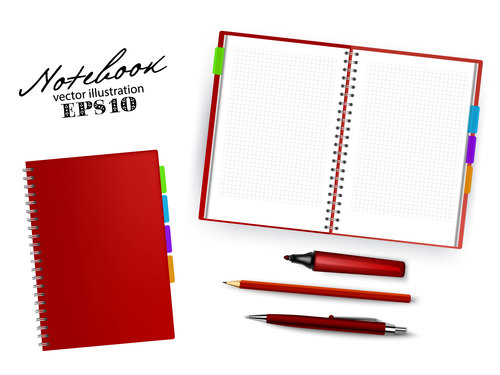 Red notebook and pen vector