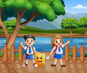 School children and book cartoon background vector