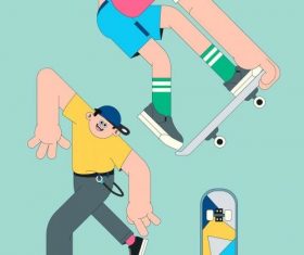 Young skateboarder characters on mint green background vector