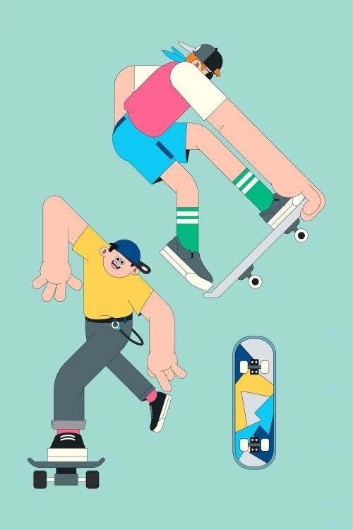 Young skateboarder characters on mint green background vector