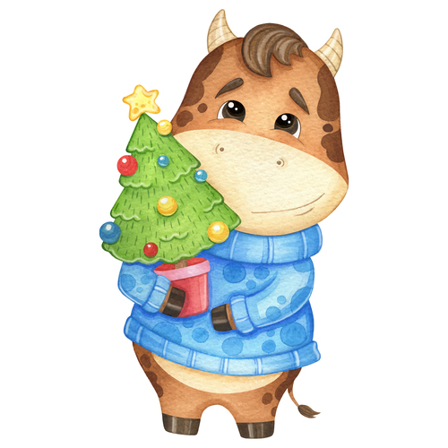 Bull holding a Christmas tree 2021 new year vector