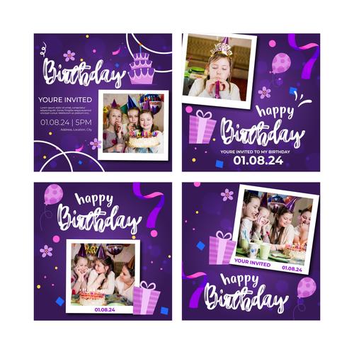 Children's birthday banner and instagram posts vector