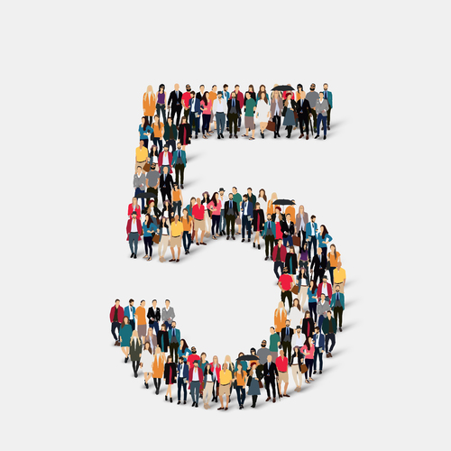 Crowd of people combined into number 5 vector