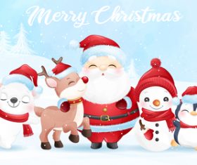 Cute Santa Claus and friends watercolor illustration vector