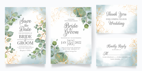 Green leaf frame wedding invitation card vector