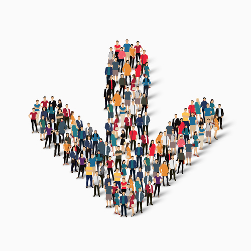 Group of people combined into a downward arrow pattern vector