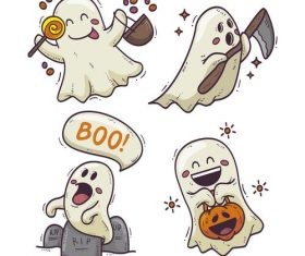 Happy halloween cartoon ghost drawn illustrations vector