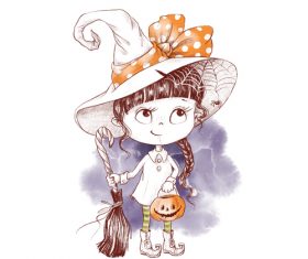 Little girl halloween watercolor illustration vector